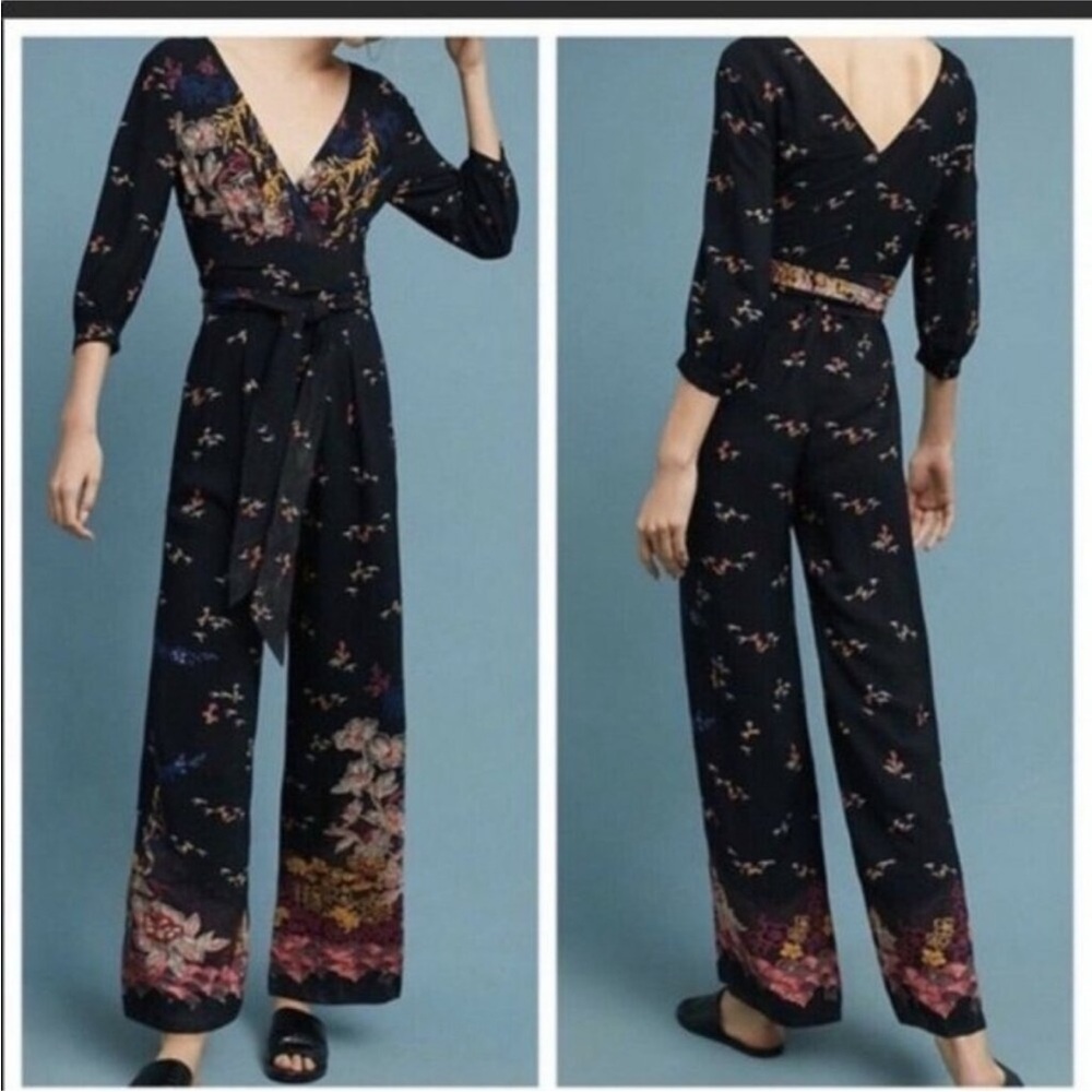 Anthropologie Feather Bone Nara Black Floral Jumpsuit Wide Leg